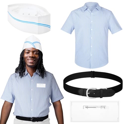 Seenelling Burger-Kostüm, gestreiftes Hemd, Einweg-Kochkappe, Gürtel, blanko, Abzeichen für Männer und Frauen, Halloween, Film, Cosplay, 4 Stück, Blau, Weiß, Schwarz, XL Seenelling Burger-Kostüm, gestreiftes Hemd, Einweg-Kochkappe, Gürtel, blanko, Abzeichen für Männer und Frauen, Halloween, Film, Cosplay, 4 Stück, Blau, Weiß, Schwarz, XL von Seenelling