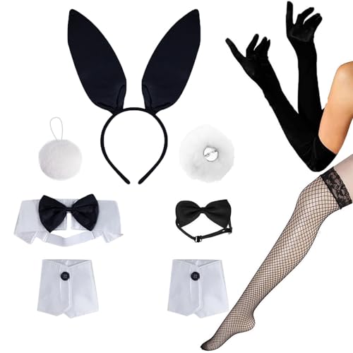 Seglorwy Hasenkostüm-Set – Ohr-Stirnband, Kragenmanschetten, Hasenschwanz & Zubehör für Halloween & Ostern (9-teilig, schwarz) von Seglorwy