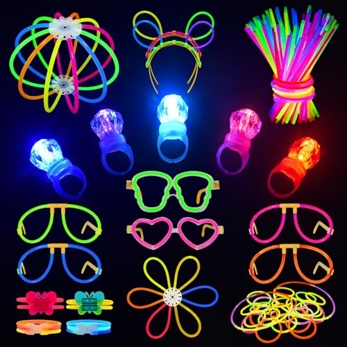 Segotendy 233PCS Knicklichter Party Set, Leuchtstäbe 100 Stück mit 10 LED Diamantring, Neon Brille Haarreif Ohrring Ball, Glow Sticks für Geburtstagsdeko Halloween Deko Festival Hochzeiten von Segotendy