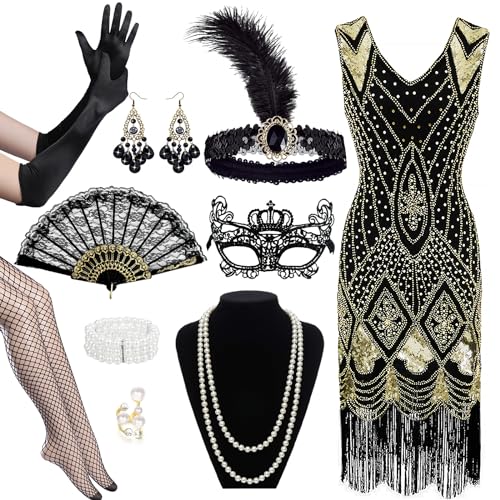10PCS Accessoire Set für Damen im 1920er Jahre-Stil V-Ausschnitt-Flapper-Kleid mit Kopfband Maske Fischnetzstrümpfen Spitzenfächer Perlen-Schmuck und langen Handschuhen Tolles Gatsby-Kostüm Partys XXL 10PCS Accessoire Set für Damen im 1920er Jahre-Stil V-Ausschnitt-Flapper-Kleid mit Kopfband Maske Fischnetzstrümpfen Spitzenfächer Perlen-Schmuck und langen Handschuhen Tolles Gatsby-Kostüm Partys XXL von Sekepingo