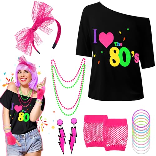 Sekepingo 80er 90er Jahre Outfit Damen, 16 Stück 80er Jahre Kleidung Damen, T-Shirt Netzhandschuhe Stirnband Ohrring Halskette Armband, 80er Jahre Party Outfit Damen Setfür Frauen Kleidung (M) von Sekepingo