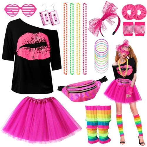 Sekepingo 80er Jahre Outfit Damen, 24-teiliges Retro-Kostüm-Set mit Tutu-Rock, Neon-Accessoires, Netzhandschuhen und Lippen-T-Shirt – Perfekt für 80er Jahre Partys, Faschingskostüme Damen 80er (L) von Sekepingo