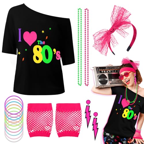 Sekepingo 80er Jahre Outfit Damen, Outfit 80er Jahre Damen mit T-Shirt Armband Stirnband Netzhandschuhe Ohrring Halskette für 80er Party Mottoparty Karneval Kostümfest Faschingskostüm Damen (XXL) von Sekepingo