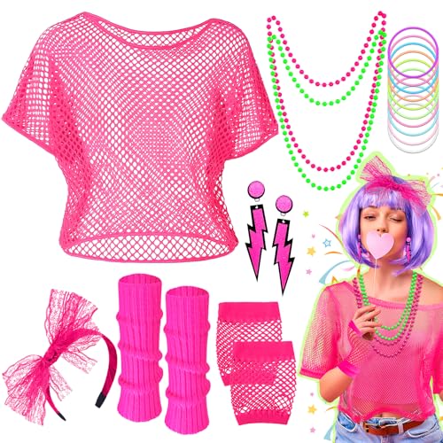 Sekepingo 80er Jahre Outfit Damen,20 Stück 80er Jahre Kleidung Damen Set,Neon Net T-Shirt Neon-Stirnband Beinwärmer Netzhandschuhe Halskette Armband Ohrring für Retro Party Outfit Party(Rosenrot) von Sekepingo