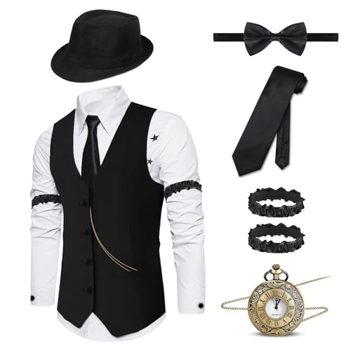 Sekepingo Charmantes Herren-Outfit im Stil der 1920er-Jahre, Gatsby, Weste und Hut, Zubehör für Motto-Partys der 20er-/30er-Jahre-Motto-Partys, 6 Stück, Schwarz-7009, L Sekepingo Charmantes Herren-Outfit im Stil der 1920er-Jahre, Gatsby, Weste und Hut, Zubehör für Motto-Partys der 20er-/30er-Jahre-Motto-Partys, 6 Stück, Schwarz-7009, L von Sekepingo