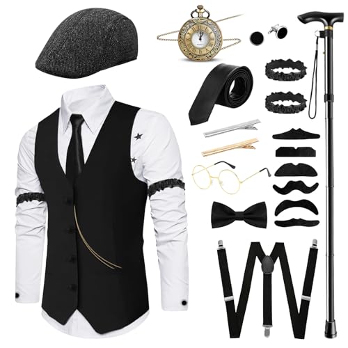 Sekepingo Elegantes 18-teiliges Herren-Outfit im Stil der 1920er-Jahre, Gatsby, Weste und Hut, Zubehör für Motto-Partys der 20er-/30er-Jahre-Motto-Party, Schwarz-7004, XXL Sekepingo Elegantes 18-teiliges Herren-Outfit im Stil der 1920er-Jahre, Gatsby, Weste und Hut, Zubehör für Motto-Partys der 20er-/30er-Jahre-Motto-Party, Schwarz-7004, XXL von Sekepingo