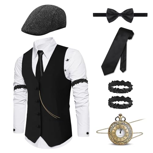 Sekepingo Herren-Outfits im Stil der 1920er Jahre, Gatsby, elegante Weste und Mütze, Zubehör für Motto-Partys der 20er-/30er-Jahre, 6 Stück, Schwarz-7008, XXL Sekepingo Herren-Outfits im Stil der 1920er Jahre, Gatsby, elegante Weste und Mütze, Zubehör für Motto-Partys der 20er-/30er-Jahre, 6 Stück, Schwarz-7008, XXL von Sekepingo