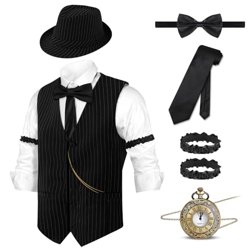 Sekepingo Vintage Herren 1920er Jahre gestreift Gatsby Custome Outfits Weste und Hut Zubehör für Roring 20er / 30er Jahre Motto-Party, Schwarz-7007, L Sekepingo Vintage Herren 1920er Jahre gestreift Gatsby Custome Outfits Weste und Hut Zubehör für Roring 20er / 30er Jahre Motto-Party, Schwarz-7007, L von Sekepingo
