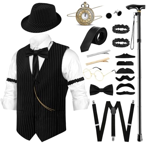 Sekepingo Vintage Herren 1920er Jahre gestreift Gatsby Custome Outfits Weste und Hut Zubehör für Roring 20er Jahre Motto-Party, Schwarz-7006, L Sekepingo Vintage Herren 1920er Jahre gestreift Gatsby Custome Outfits Weste und Hut Zubehör für Roring 20er Jahre Motto-Party, Schwarz-7006, L von Sekepingo
