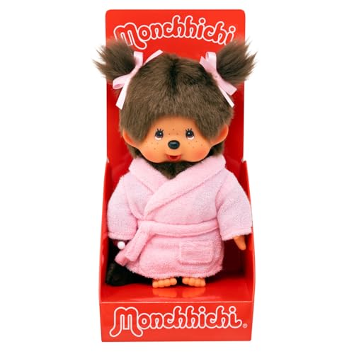Sekiguchi 203802 - Original Monchhichi Mädchen im Bademantel, ca. 20 cm großes Kuscheltier aus braunem Plüsch von Sekiguchi