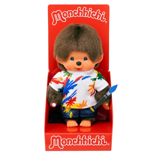 Sekiguchi 203826 - Original Monchhichi Junge Künstler, ca. 20 cm großes Kuscheltier aus braunem Plüsch von Sekiguchi