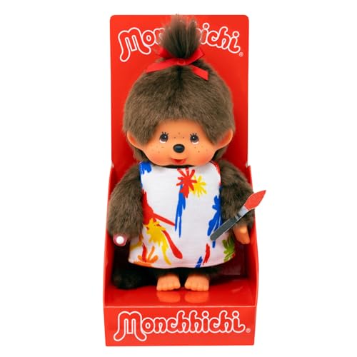 Sekiguchi 203833 - Original Monchhichi Mädchen Künstlerin, ca. 20 cm großes Kuscheltier aus braunem Plüsch von Sekiguchi