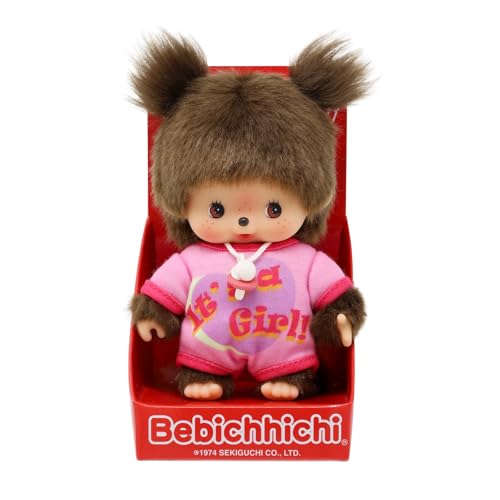 Sekiguchi 203857 - Original Bebichhichi Mädchen, Plüschtier mit rosa Strampler und Zwei Zöpfchen, ca. 14 cm großes Kuscheltier aus braunem Plüsch von Sekiguchi