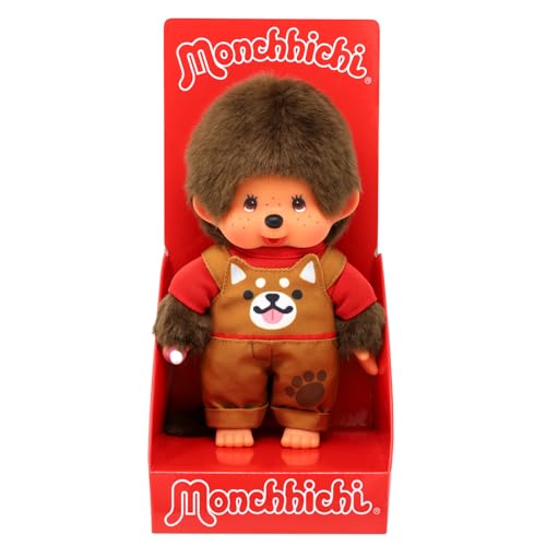 Sekiguchi 203864 - Original Monchhichi Junge mit Latzhose und Shiba Inu Motiv, ca. 20 cm großes Kuscheltier aus braunem Plüsch von Sekiguchi