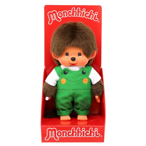 Sekiguchi 203871 - Original Monchhichi Junge mit Latzhose und Frosch-Motiv, ca. 20 cm großes Kuscheltier aus braunem Plüsch von Sekiguchi