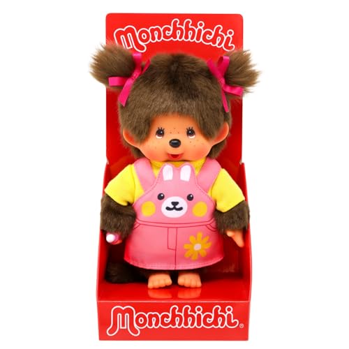 Sekiguchi 203888 - Original Monchhichi Mädchen mit Latzkleid und Hasengesicht, ca. 20 cm großes Kuscheltier aus braunem Plüsch von Sekiguchi