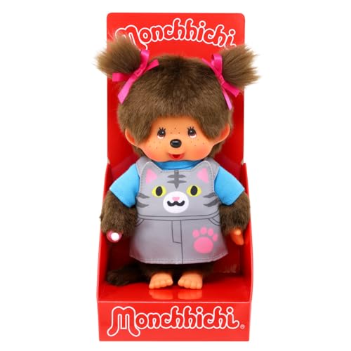 Sekiguchi 203895 - Original Monchhichi Mädchen mit Latzkleid und Katzengesicht, ca. 20 cm großes Kuscheltier aus braunem Plüsch von Sekiguchi