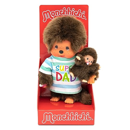 Sekiguchi 220960 - Original Monchhichi Junge, Plüschtier Papa mit Kind, Super Dad, ca. 20 cm großes Kuscheltier aus braunem Plüsch von Sekiguchi