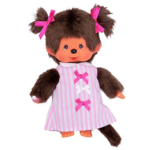 Sekiguchi 223589 - Original Monchhichi Mädchen, Plüschtier mit pink-weiß gestreiftem Kleid und Zöpfen mit Schleifen, ca. 20 cm großes Kuscheltier aus braunem Plüsch von Sekiguchi