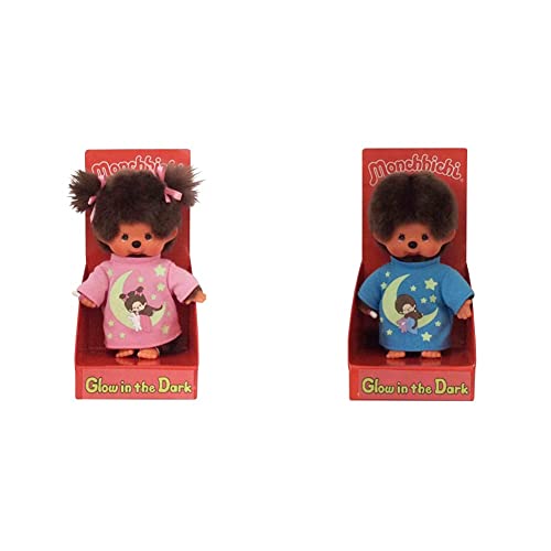 Sekiguchi 223732 - Original Monchhichi Mädchen, Plüschfigur mit rosa Schlafshirt & 223725 - Original Monchhichi Junge, Plüschfigur mit blauem Schlafshirt und Glow in The Dark Elementen von Sekiguchi