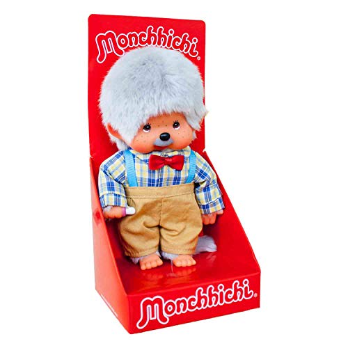 Sekiguchi 233140 - Original Monchhichi Großvater, Plüschfigur mit kariertem Hemd, Fliege und beigefarbener Hose, ca. 20 cm großes Kuscheltier aus grauem Plüsch von Sekiguchi