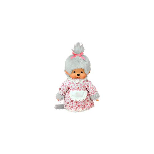 Sekiguchi 233150 - Original Monchhichi Großmutter, Plüschfigur mit Blümchenkleid, Schürze und Zopf mit Schleife, ca. 20 cm großes Kuscheltier aus grauem Plüsch von Bandai