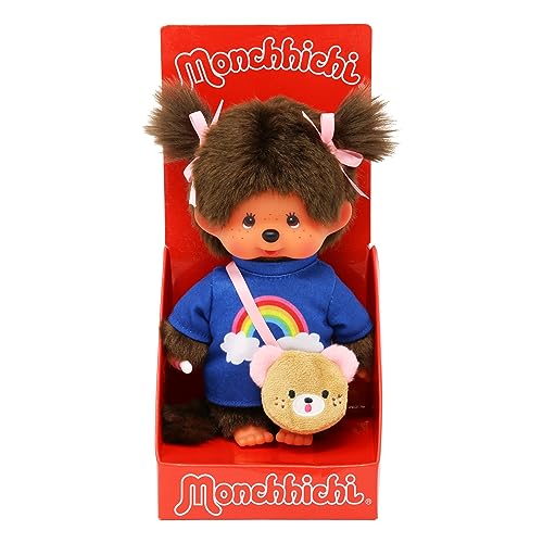 Sekiguchi 233724 - Original Monchhichi Mädchen, Regenbogen T- Shirt mit Tasche und Schleifen, ca. 20 cm großes Kuscheltier aus braunem Plüsch von Sekiguchi