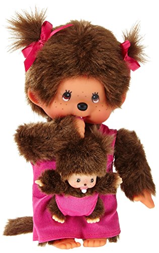 Sekiguchi 236200 - Original Monchhichi Mutter mit Baby, Plüschfigur mit pinkem Kleid und Schleife im Haar, ca. 20 cm großes Kuscheltier aus braunem Plüsch von Sekiguchi