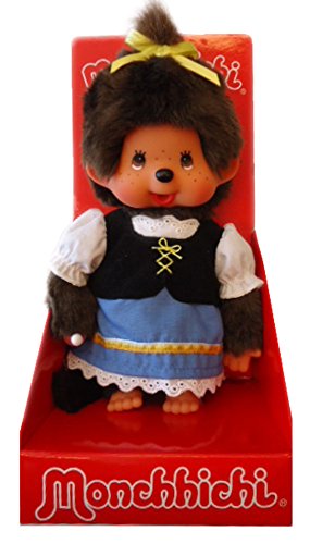 Sekiguchi 242047 - Original Monchhichi Bayrisches Mädchen, Plüschtier mit Trachtenkleid und Zopf mit Schleife, ca. 20 cm großes Kuscheltier aus braunem Plüsch von Sekiguchi