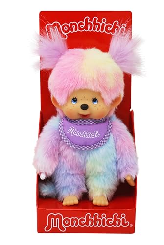 Sekiguchi 242153 - Original Monchhichi Mädchen, Plüschfigur mit Lätzchen und Zöpfen, ca. 20 cm großes Kuscheltier aus buntem Plüsch von Sekiguchi