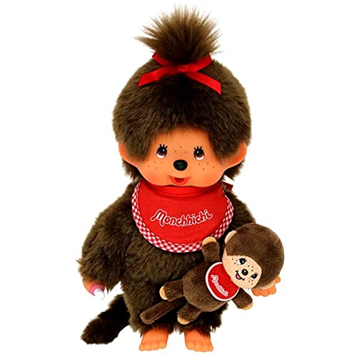 Sekiguchi 242184 - Original Monchhichi Mädchen mit Mini-Monchhichi, Plüschfigur mit rotem Lätzchen und Schleife im Haar, ca. 20 cm großes Kuscheltier aus braunem Plüsch von Sekiguchi