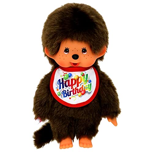 Sekiguchi 242191 - Original Monchhichi Junge, Plüschfigur mit Lätzchen "Happy Birthday", ca. 20 cm großes Kuscheltier aus braunem Plüsch von Sekiguchi