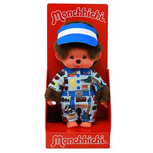 Sekiguchi 243099 - Original Monchhichi Junge, Plüschfigur im 80er Jahre Outfit und Kappe, ca. 20 cm großes Kuscheltier aus braunem Plüsch von Sekiguchi