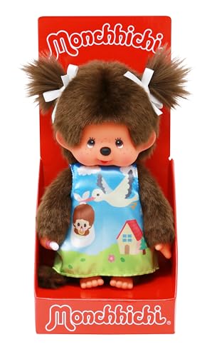 Sekiguchi 243891 - Original Monchhichi Mädchen, Plüschfigur mit Storchen-Kleid und Zöpfen mit Schleifen, ca. 20 cm großes Kuscheltier aus braunem Plüsch von Sekiguchi