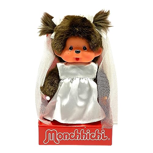 Sekiguchi 244058 - Original Monchhichi Mädchen, Plüschtier mit Brautkleid und Schleifen, ca. 20 cm großes Kuscheltier aus braunem Plüsch von Sekiguchi