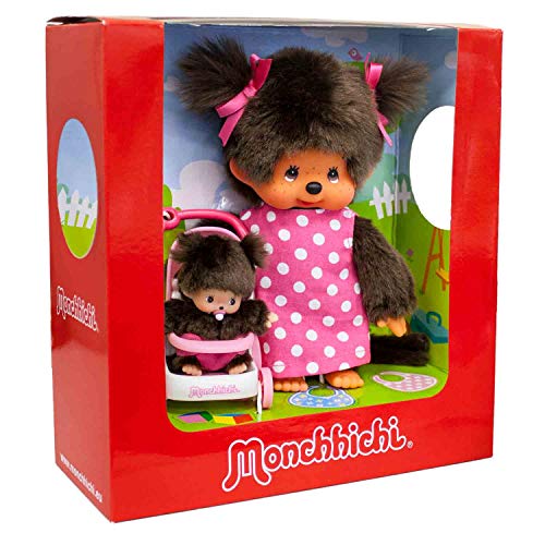 Sekiguchi 254930 - Original Monchhichi Mutter mit Kind im Kinderwagen, Plüschfigur mit Pünktchenkleid und zwei Zöpfen mit pinker Schleife, ca. 20 cm großes Kuscheltier aus braunem Plüsch von Sekiguchi