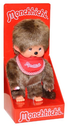 Sekiguchi 255010 - Original Monchhichi Junge, Plüschfigur mit rotem Latz und Zöpfen mit Schleifen, ca. 20 cm großes Kuscheltier aus braunem Plüsch von Sekiguchi