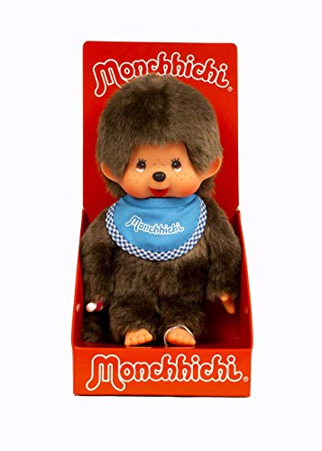 Sekiguchi 255040 - Original Monchhichi Junge, Plüschtier mit blauem Lätzchen und Zöpfen mit Schleifen, ca. 20 cm großes Kuscheltier aus braunem Plüsch von Sekiguchi