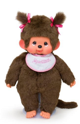 Sekiguchi 255530 - Original Monchhichi Mädchen, Plüschfigur mit weiß-pinkem Latz und Zöpfen mit Schleifen, ca. 45 cm großes Kuscheltier aus braunem Plüsch von Sekiguchi