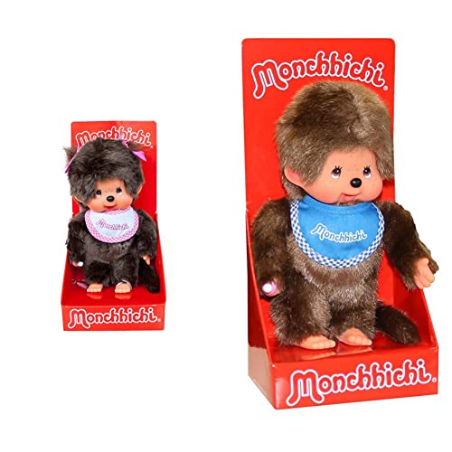 Sekiguchi 255550 - Original Monchhichi Mädchen, Plüschfigur mit weiß-pinkem Latz und Zöpfen mit Schleifen & 255040 - Original Monchhichi Junge, Plüschfigur mit blauem Latz und Zöpfen mit Schleifen von Sekiguchi