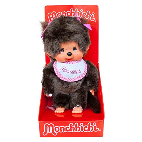 Sekiguchi 255550 - Original Monchhichi Mädchen, Plüschtier mit weiß-pinkem Lätzchen und Zöpfen mit Schleifen, ca. 20 cm großes Kuscheltier aus braunem Plüsch von Sekiguchi