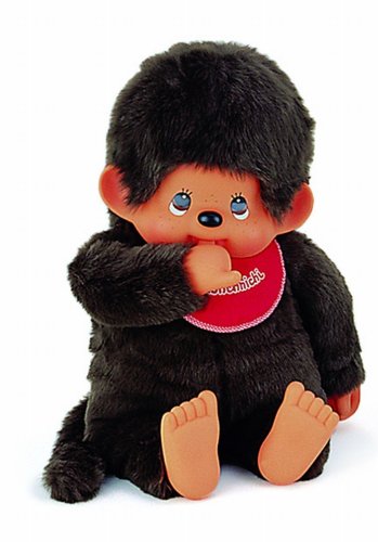 Sekiguchi 255610 - Original Monchhichi Junge, Plüschtier mit rotem Lätzchen und Zöpfen mit Schleifen, ca. 80 cm großes Kuscheltier aus braunem Plüsch von Sekiguchi