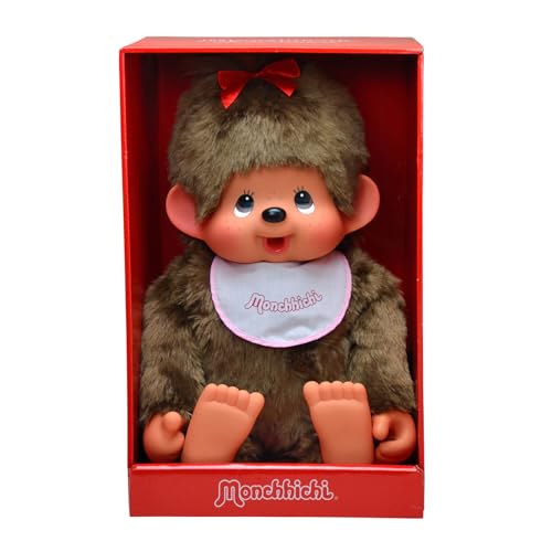 Sekiguchi 255630 - Original Monchhichi Mädchen, Plüschtier mit weiß-pinkem Lätzchen und roter Schleife im Haar, ca. 80 cm großes Kuscheltier aus braunem Plüsch von Sekiguchi