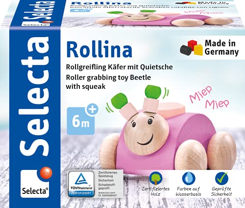 Rollina, 61072 rosa, Greifling mit Quietsche aus Holz, 7,5 cm von Selecta