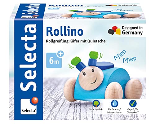 Rollino, 61073 blau, Greifling mit Quietsche aus Holz, 7,5 cm , von Selecta