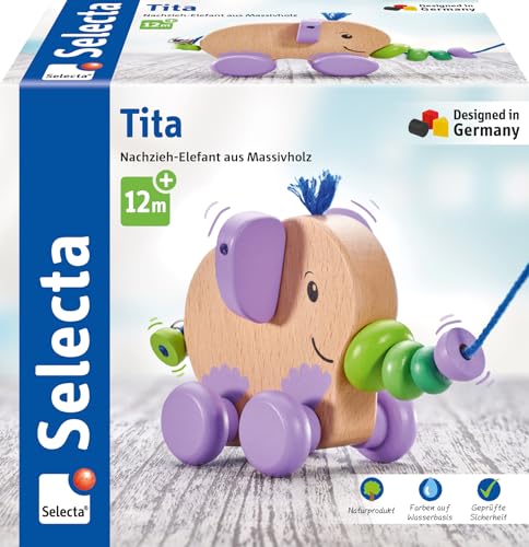 Selecta 52101 Tita, Nachzieh-Elefant, Schiebe-und Nachziehspielzeug aus Holz, 14 cm von Selecta