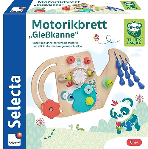 Selecta 61075 Tulips Garden, Motorikbrett Gießkanne, 25 cm, Motorikspielzeug aus Holz von Selecta