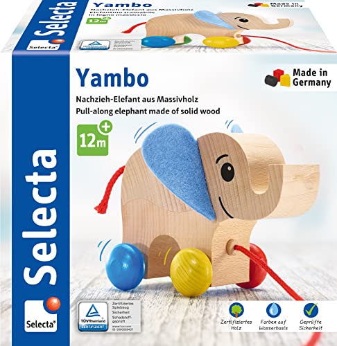 Selecta 62000 Yambo, Nachzieh Elefant, Schiebe-und Nachziehspielzeug aus Holz, 13, 5 cm von Selecta