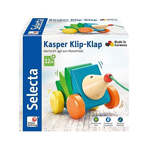 Selecta 62022 Kasper Klip-Klap, Nachzieh Igel, Schiebe-und Nachziehspielzeug aus Holz, 16 cm von Selecta