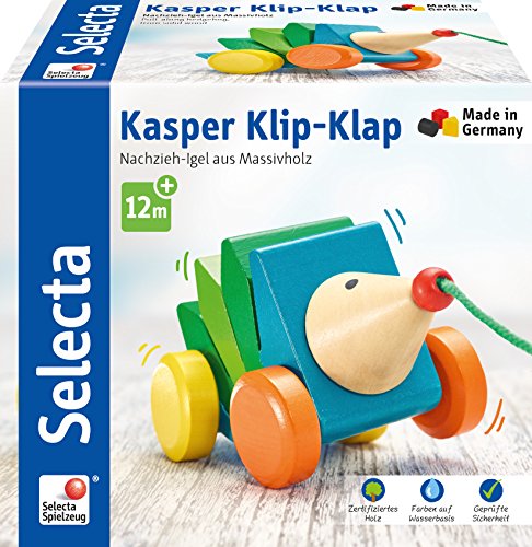 Selecta 62022 Kasper Klip-Klap, Nachzieh Igel, Schiebe-und Nachziehspielzeug aus Holz, 16 cm von Selecta